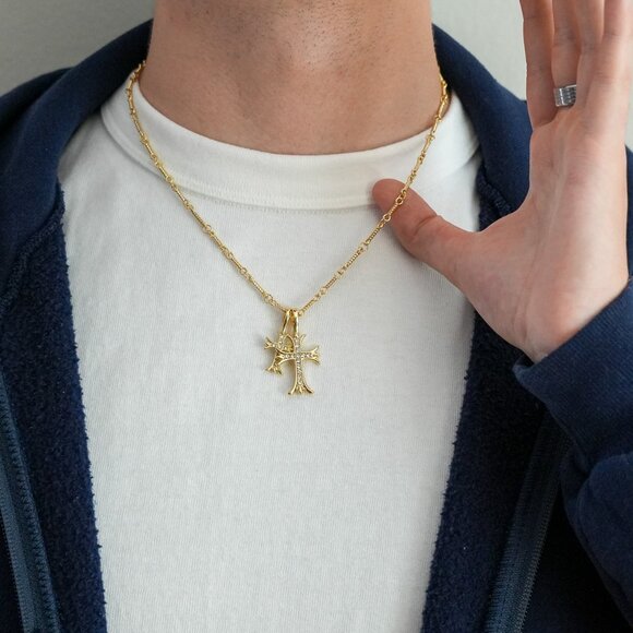 gold double cross dimond stone pendant necklace - Picture 8 of 11